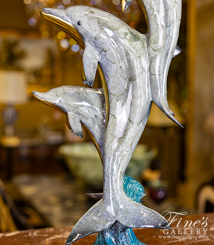 Bronze Statues  - Aqua Marine Blue Three Bronze Dolphins Desktop Statue - BS-1653